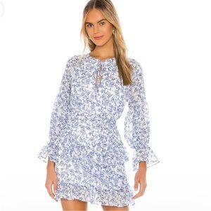 Tularosa Serafina Floral White Blue Long Sleeve Romantic Mini Dress Size Small